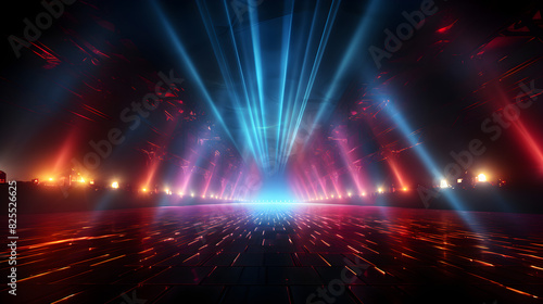 Red and blue laser neon light rays flash and shine. Pop  rock and rap music show in a festive concert club and music hall