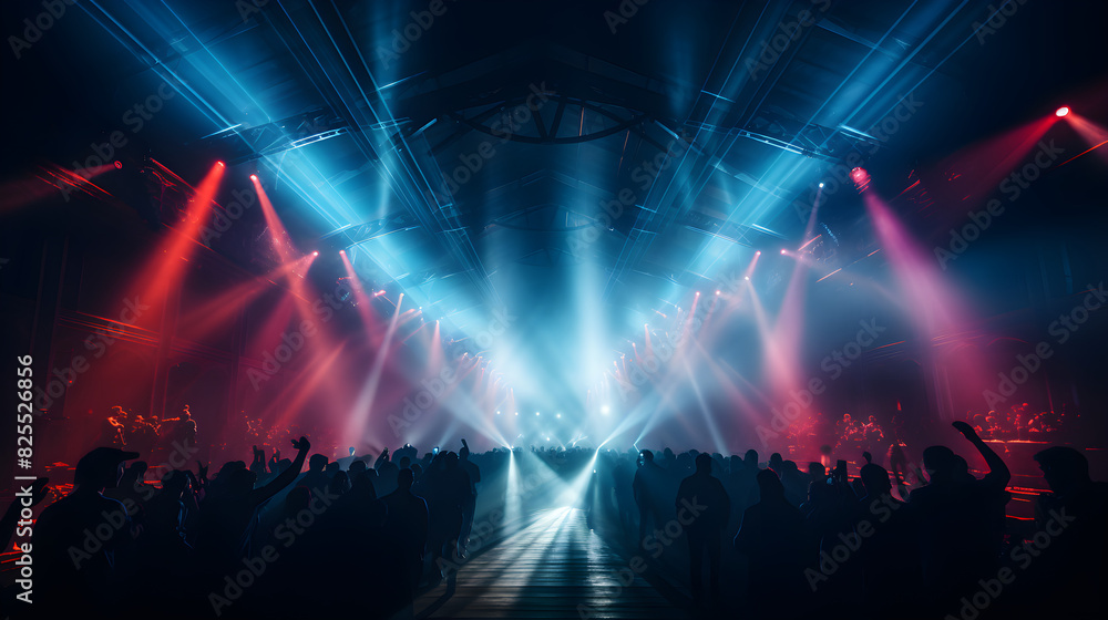 Red and blue laser neon light rays flash and shine. Pop, rock and rap music show in a festive concert club and music hall Red and blue laser neon light rays flash and shine. Pop, rock and rap music show in a festive concert club and music hall