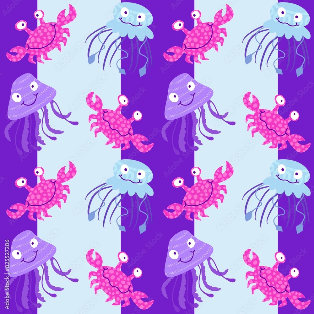 Fototapeta premium Summer animals print seamless cartoon crabs and jellyfish pattern for wrapping