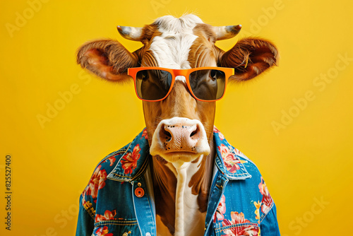 A cow wearing sunglasses and a floral shirt. The cow has a yellow nose and is standing on a yellow background photo