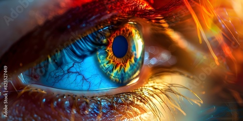Close-up photo of red swollen eye with hemorrhage and green-blue iris showing conjunctivitis. Concept Eye Health, Conjunctivitis, Ocular Hemorrhage, Iris Color, Close-up Photography photo