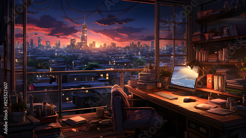 A city at night as seen from a window. anime, manga, and lofi. desk for studying. Cool, inviting, and comfy space. messy setting Digital artwork of a serene, bright apartment. 4K backdrop, wallpaper