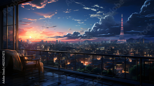 A city at night as seen from a window. anime, manga, and lofi. desk for studying. Cool, inviting, and comfy space. messy setting Digital artwork of a serene, bright apartment. 4K backdrop, wallpaper