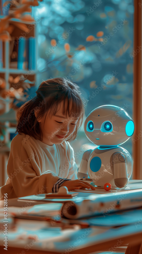 oriental Young girl doing her school homework with an artificial intelligence assistance robot using technology for early education