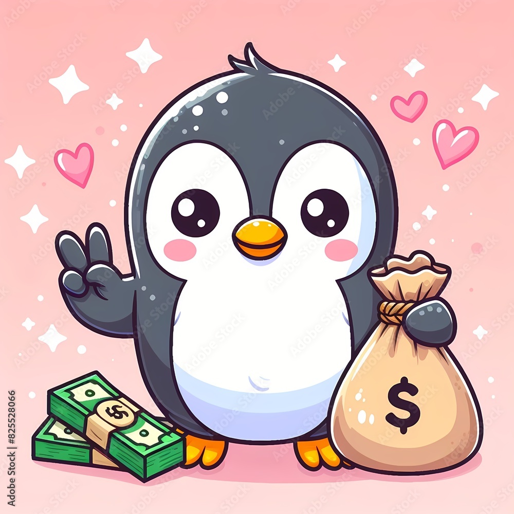 cute Penguin holding money and bag cartoon vector icon illustration cute Penguin holding money and bag cartoon vector icon illustration