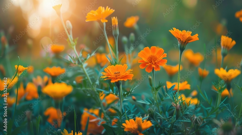 Vibrant orange marigold blossoms in a field Thriving yellow marigold garden in the morning close up