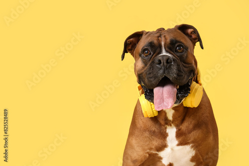 Boxer dog with headphones on yellow background  closeup