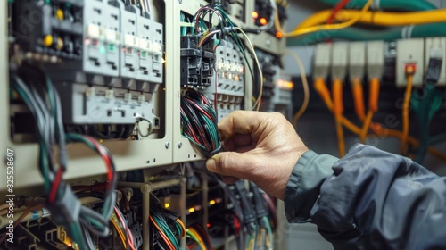 electrical system in the control cabinet. Professional electrician man work to connect electric wires in the system, Electrician repairing. switchboard