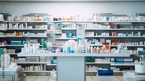 A photo of a well-stocked pharmacy with medicines photo