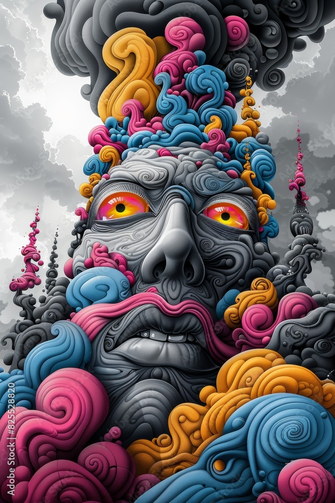 A painting of a man with many faces and hair, AI A painting of a man with many faces and hair, AI