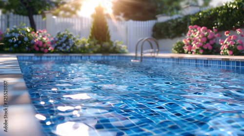 Swimming pool at home in a warm Mediterranean climate , outdoor pool with scattered shrubs and flowers around it realistic hyperrealistic photo