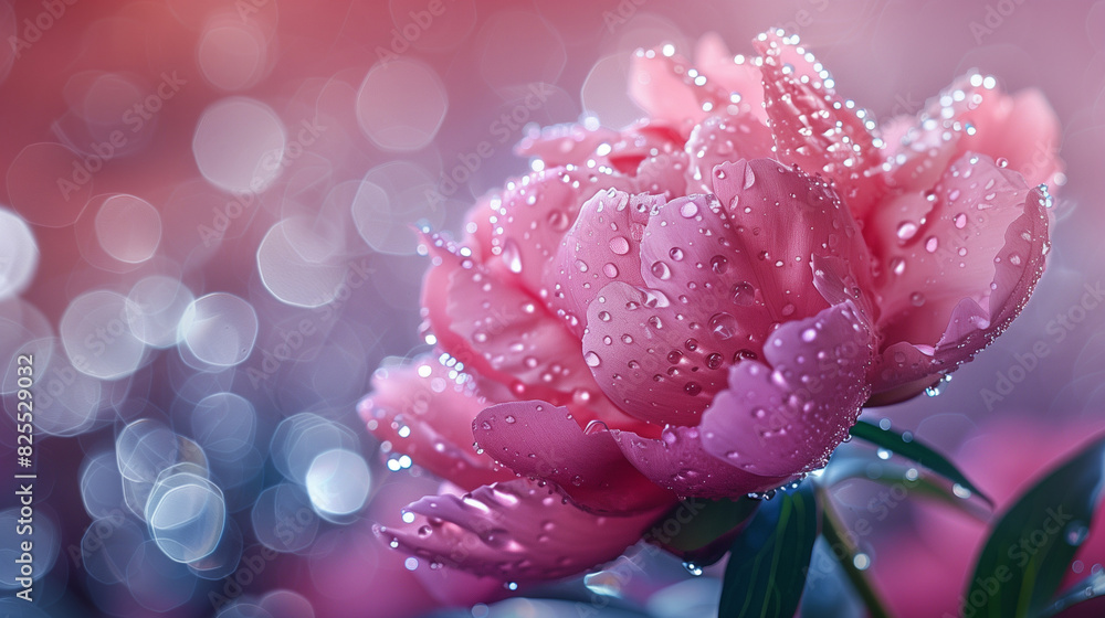 Peony flower, water drops, bokeh background, copy space Peony flower, water drops, bokeh background, copy space