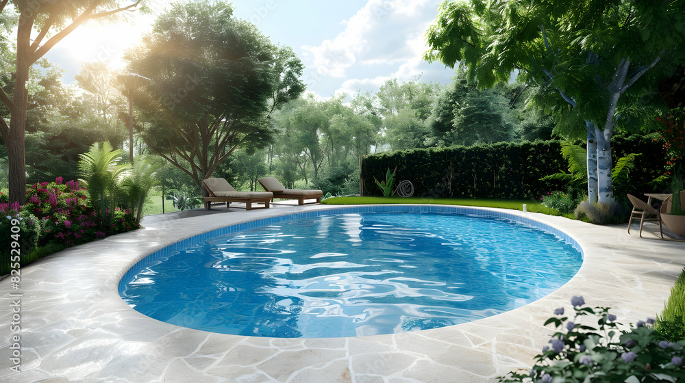 Swimming pool at home in a warm Mediterranean climate , outdoor pool with scattered shrubs and flowers around it realistic hyperrealistic