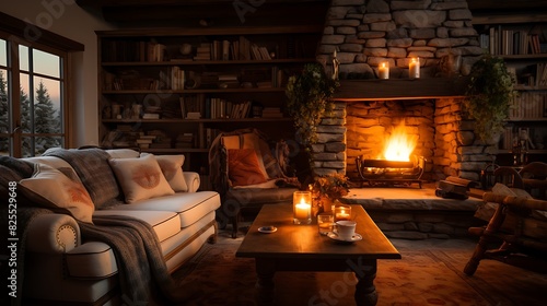 Cozy living room with a fireplace, comfortable furniture, and soft lighting