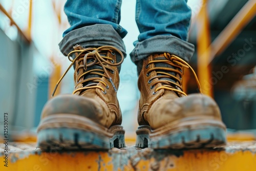 Details of wellworn laceup boots on industrial yellow stairs, embodying urban exploration photo