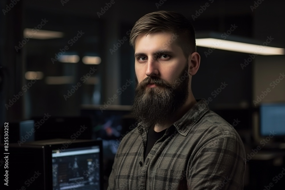 A man with a beard and a plaid shirt is standing in front of a computer monitor A man with a beard and a plaid shirt is standing in front of a computer monitor