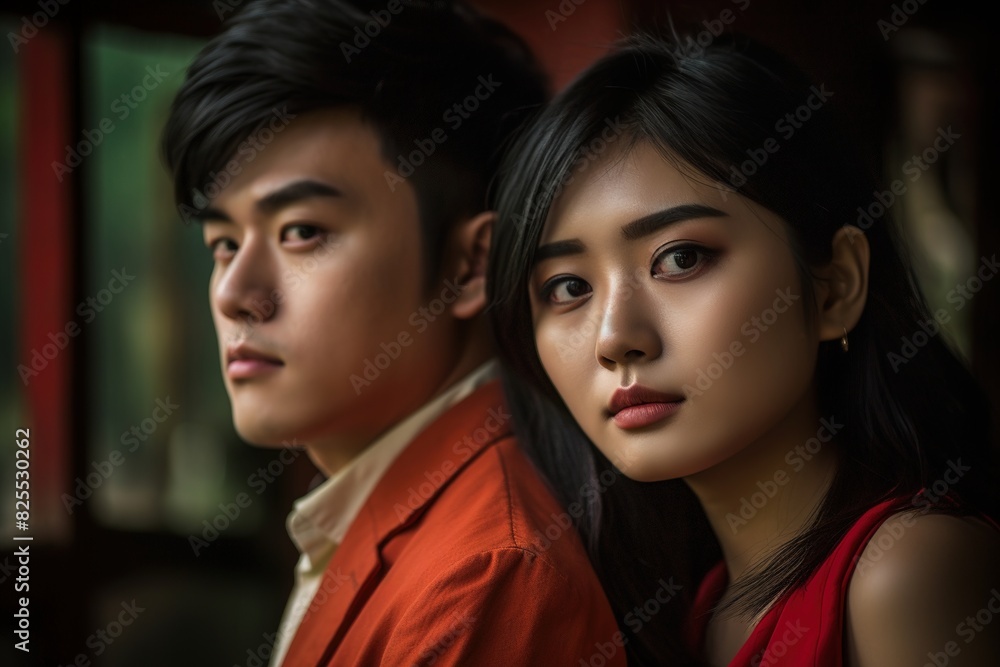 A man and a woman are standing next to each other, both wearing red A man and a woman are standing next to each other, both wearing red