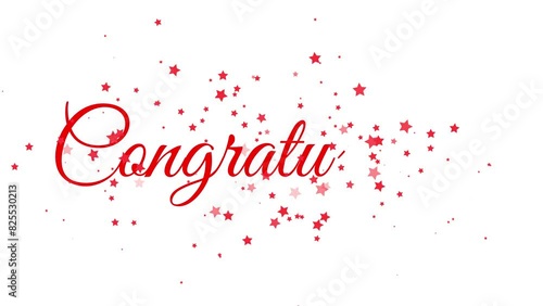 Congratulations text handwriting animation with red stars spry particles confetti sparkles red text on a white background. Suitable for celebrations, events and your other projects, calligraphy style. photo