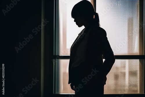 A woman is standing in front of a window, wearing a black jacket