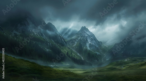 The calm before a storm in a mountainous landscape, where dark, brooding clouds roll over the peaks, and the tension in the air is palpable, yet there's a striking beauty in the ominous realistic