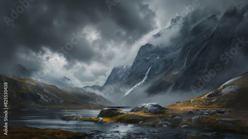 The calm before a storm in a mountainous landscape, where dark, brooding clouds roll over the peaks, and the tension in the air is palpable, yet there's a striking beauty in the ominous realistic photo