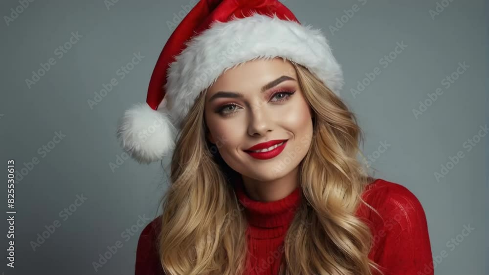 Portrait of a beautiful blonde hair girl in a Santa hat Portrait of a beautiful blonde hair girl in a Santa hat