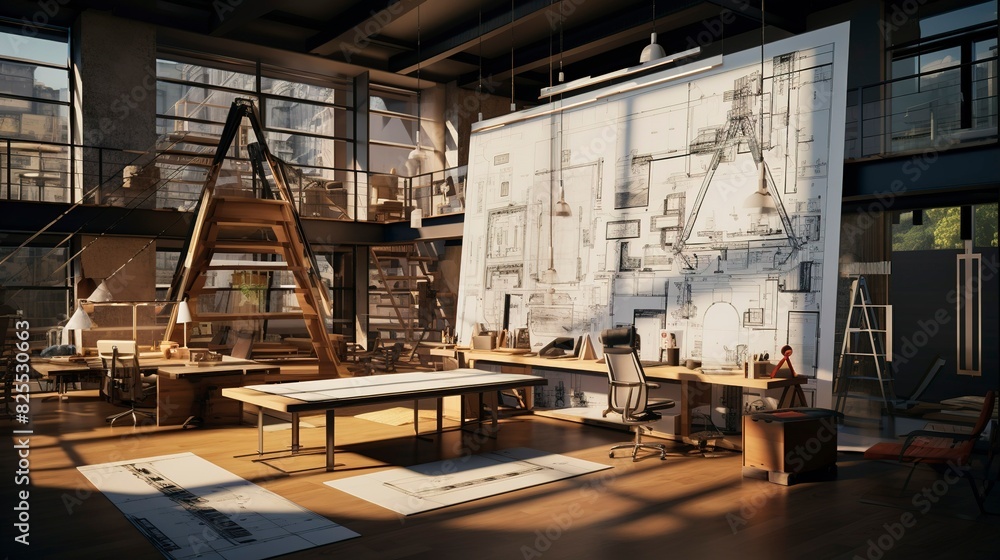 A photo of an architecture studio with blueprints. A photo of an architecture studio with blueprints.