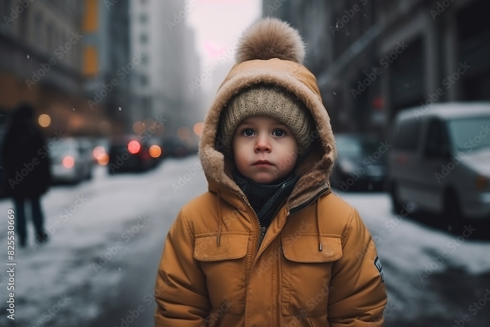 A young child wearing a yellow jacket and a hat stands on a snowy street A young child wearing a yellow jacket and a hat stands on a snowy street