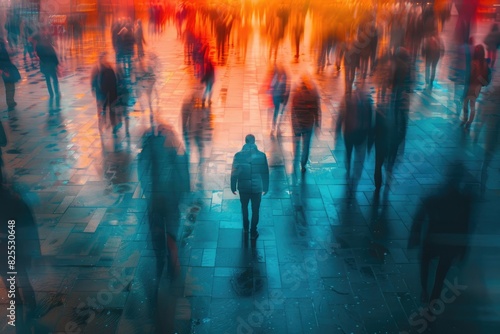 Representación del caos y soledad de una gran multitud de personas andando por una gran ciudad photo
