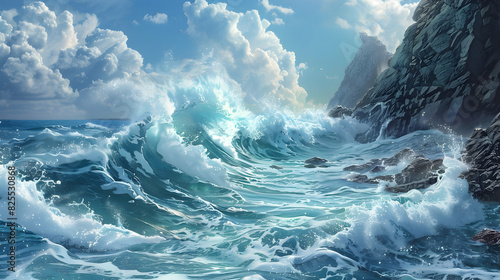 Waves crashing against rocky cliffs. realistic hyperrealistic