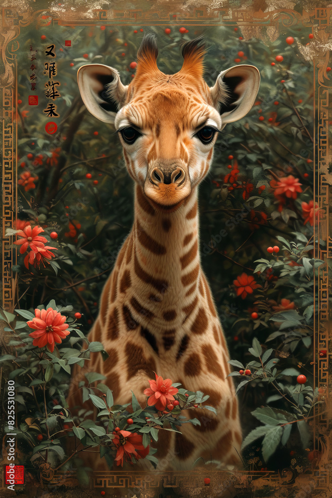 Obraz premium Giraffe calf, surrounded by flowers, ornate borders, nature portrait, peaceful wildlife scene, , botanical setting, charming animal painting, Asian art influence, exotic animal illustration.