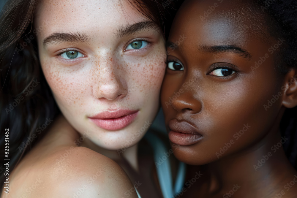 Fototapeta premium intimate portrait of two young women from different ethnic backgrounds, close together in a serene expression