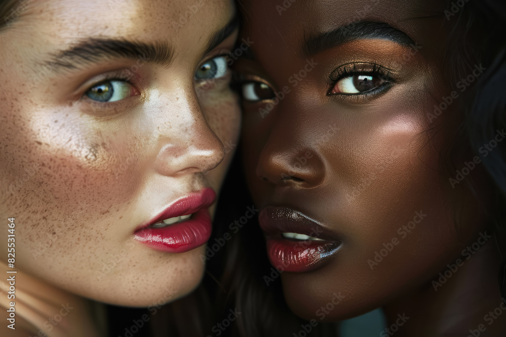 striking close-up portrait of Caucasian and African American women with vibrant lips, showcasing contrasting skin tones striking close-up portrait of Caucasian and African American women with vibrant lips, showcasing contrasting skin tones