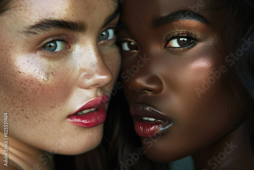striking close-up portrait of Caucasian and African American women with vibrant lips, showcasing contrasting skin tones © Klay