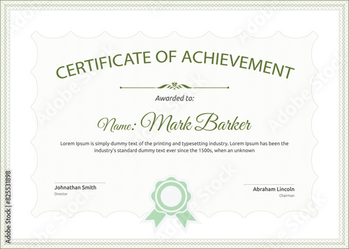 Green Certificate of achievement template set with green badge and border. Vector Illustration