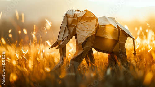 origami elephant in the savannah, endangered species concept, created with generative AI technology photo