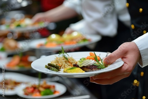 Closeup of a waiter's hands presenting an exquisite plate of food during a highclass banquet photo