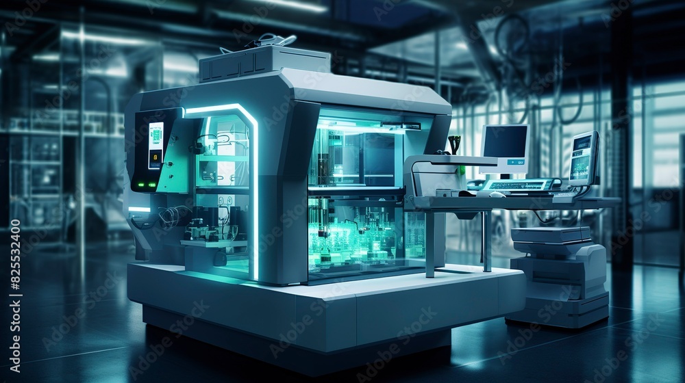 A photo of an automated lab testing system. A photo of an automated lab testing system.