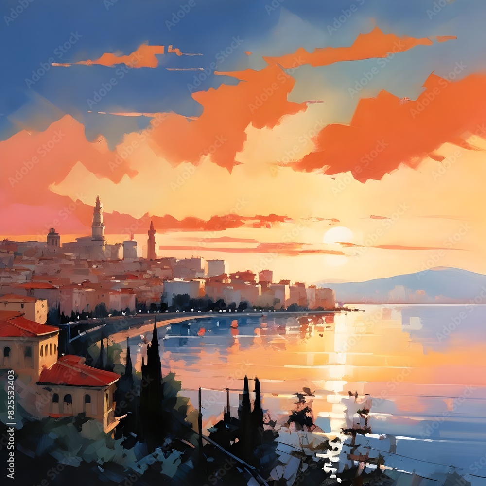 Mediterranean city panorama in acrylics, generative AI