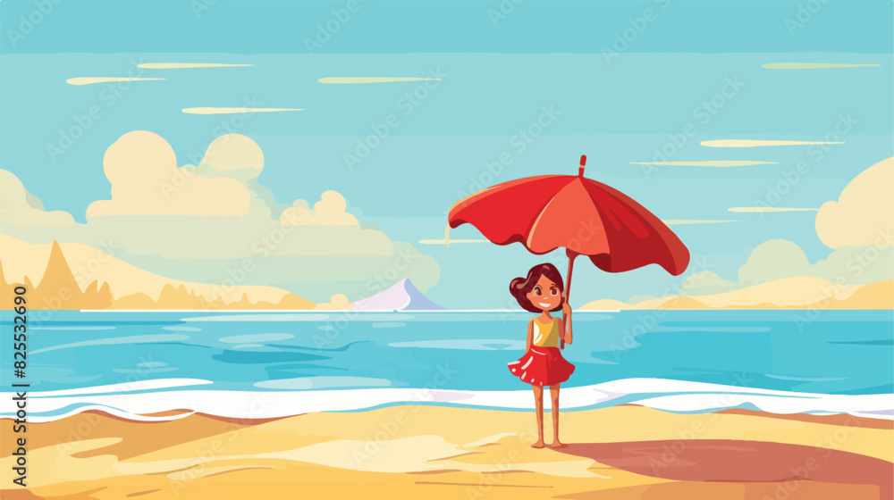 Child girl under sun umbrella by the sea flat vecto