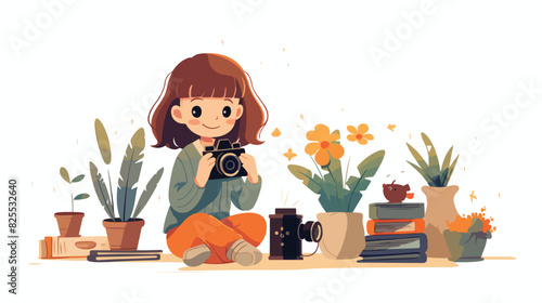 Child girl engaged in photography and taking pictur photo
