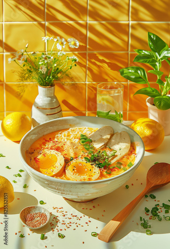 A bowl of colorful Korean soup topped with soft-boiled eggs, green onions, and sesame seeds, sits on a white table. The vibrant yellow tiled background is adorned with fresh flowers and lemons.