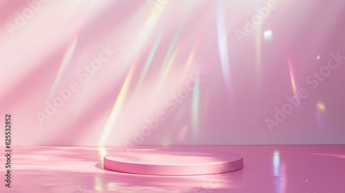 Soft pink circle podium display on fantasy sky with rainbow halo light and shadows on pastel color background.