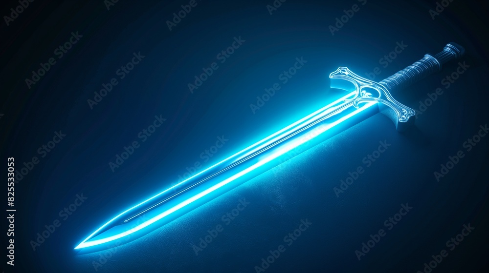 Glowing silver ice hero's sword on black background, silver sword with magical lights. fantasy medieval period, for game scene, adventure character, card, poster, event. Glowing silver ice hero's sword on black background, silver sword with magical lights. fantasy medieval period, for game scene, adventure character, card, poster, event.