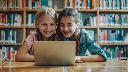 Two happy focused teenage girls using laptops for studying in a library with shelves filled with books, concept of study group, joyful learning, doing homework.