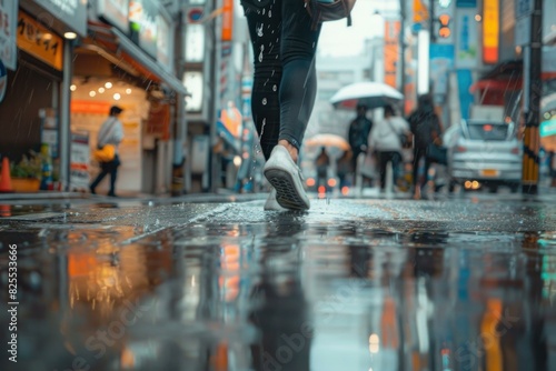 Moody urban scene on a rainy day with anonymous people walking in the city, splashing through puddles and carrying umbrellas during their daily commute