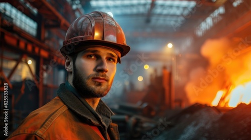Portrait of skilled industrial worker looking at camera while standing at spark from industrial machine. Professional civil engineer wearing safety helmet while crossing arm with confidence. AIG42.