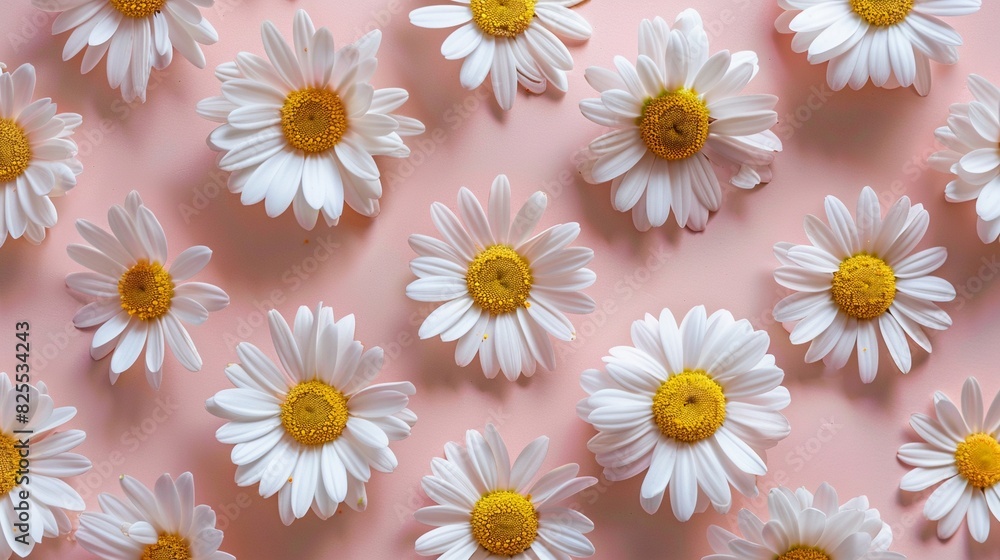 Adorable spring white daisy flowers array on pastel pink background, modern flower pink backgrounds, for spring, summer, wedding, fashion, cards. Adorable spring white daisy flowers array on pastel pink background, modern flower pink backgrounds, for spring, summer, wedding, fashion, cards.