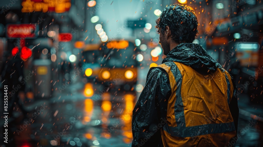 A man in yellow jacket standing on a street with rain, AI