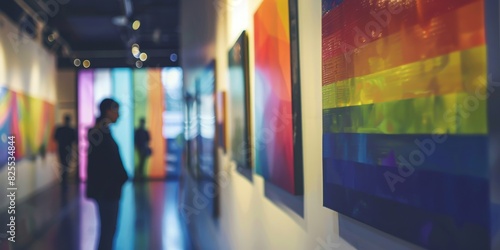 Abstract colorful painting in the museum. Blurred background. photo